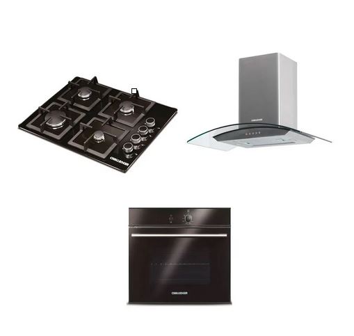 Combo Cocina A Gas Challenger 4 Quemadores Incluye Horno Hg2555 Y Campana Extractora Cx4800 Color Negro Con Gris