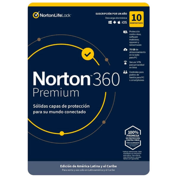 Norton Antivirus 360 Premium – 10 Dispositivos – 75Gb – 1 Año